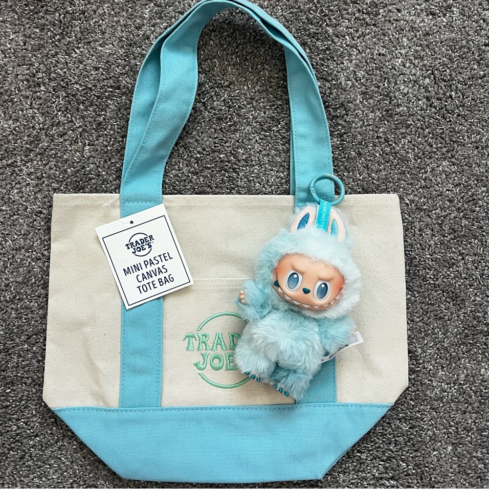 Mini Trader Joe’s Pastel Canvas Tote Bag with Blue Labubu
NWT